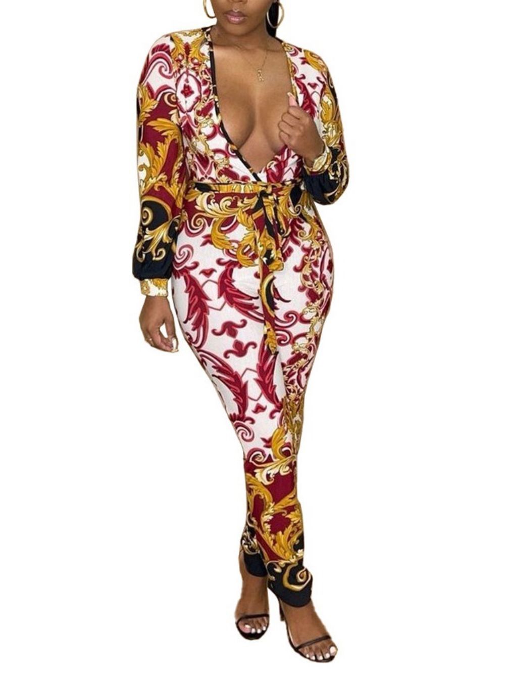 Dames Skinny Jumpsuit Met Westerse Print En Halfhoge Taille