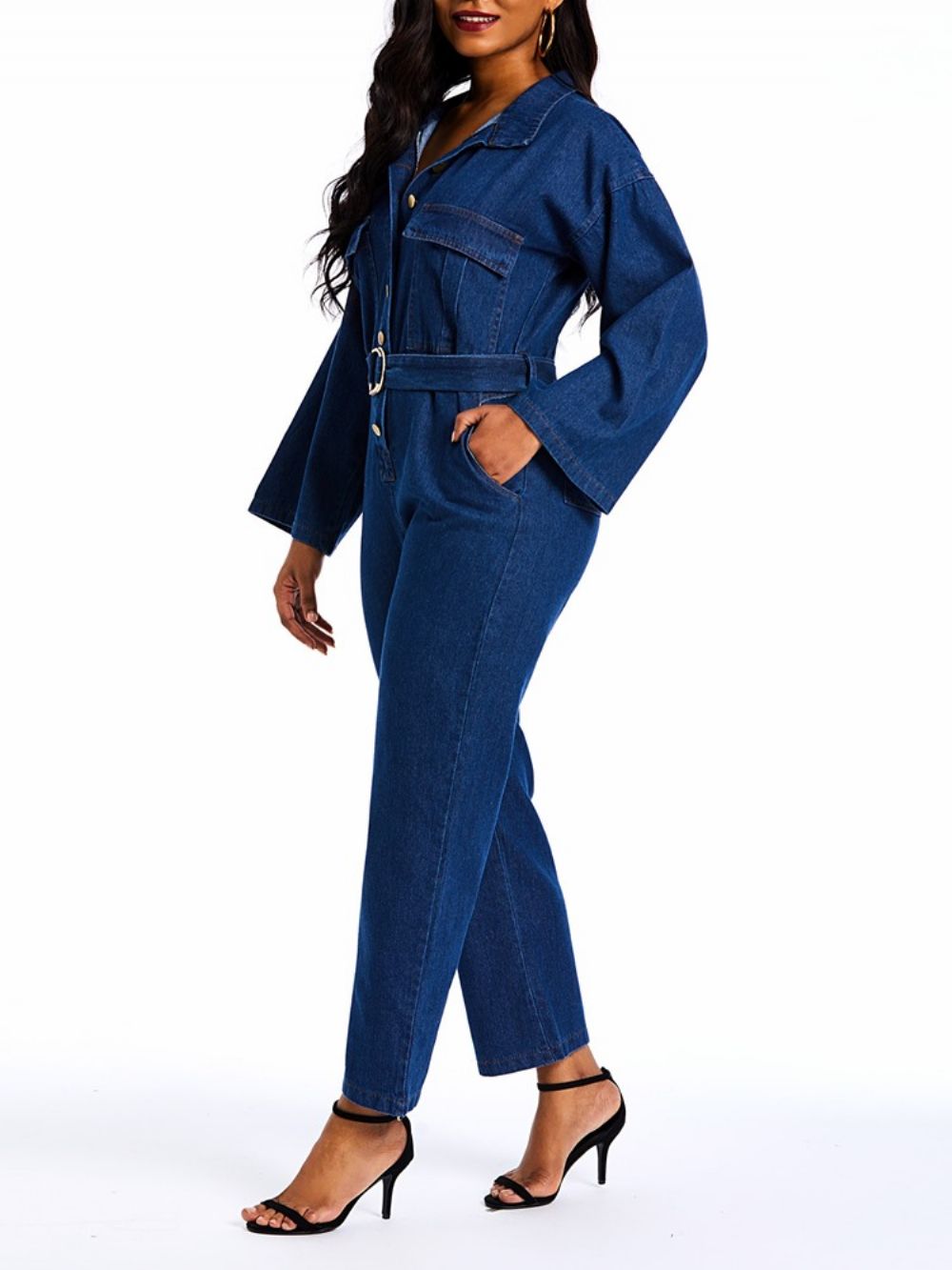 Denim Effen Rechte Jumpsuits Met Losse Knopen