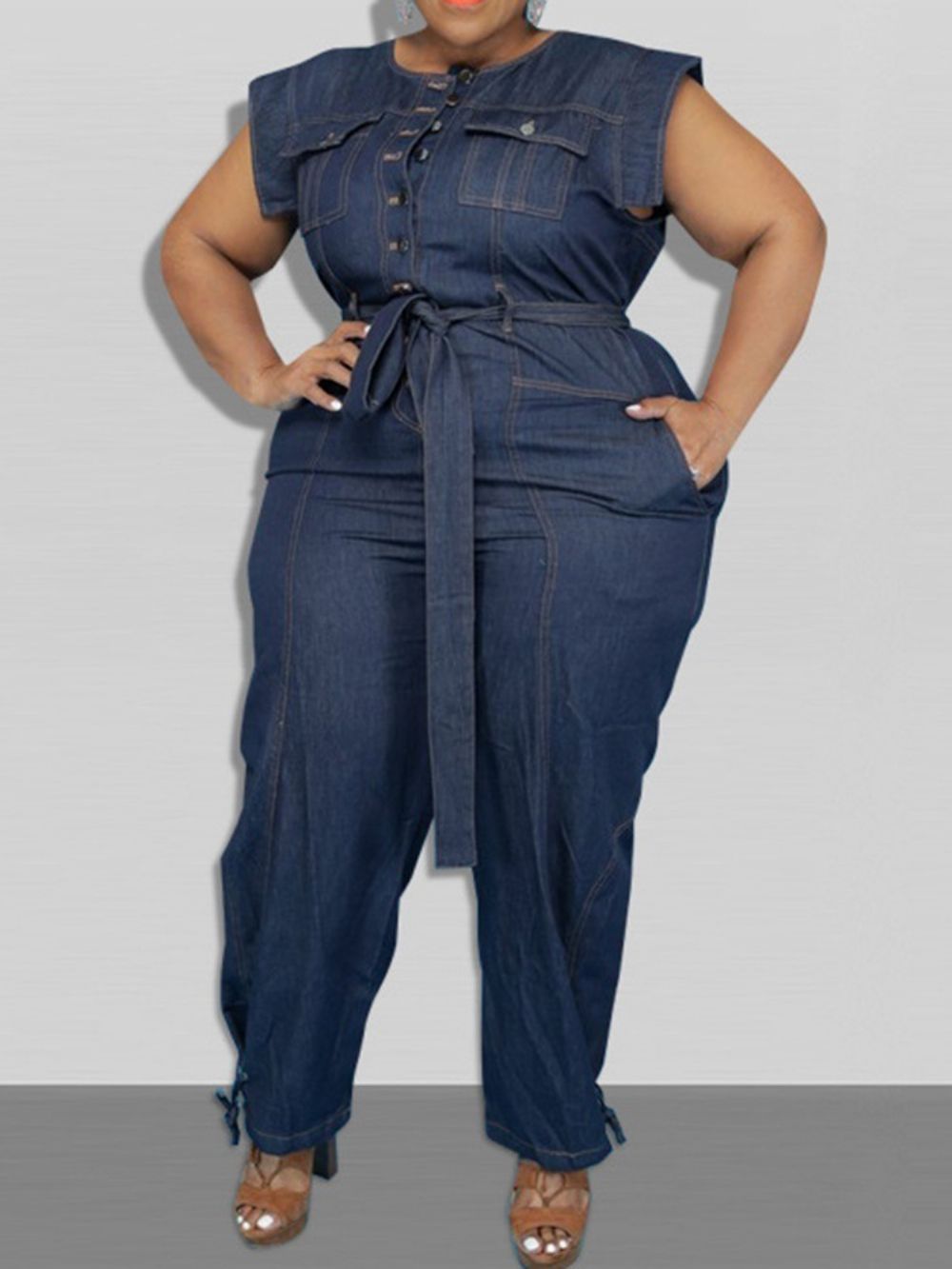 Denim Gordel Volledige Lengte Western Vlakte Potlood Broek Slanke Jumpsuit