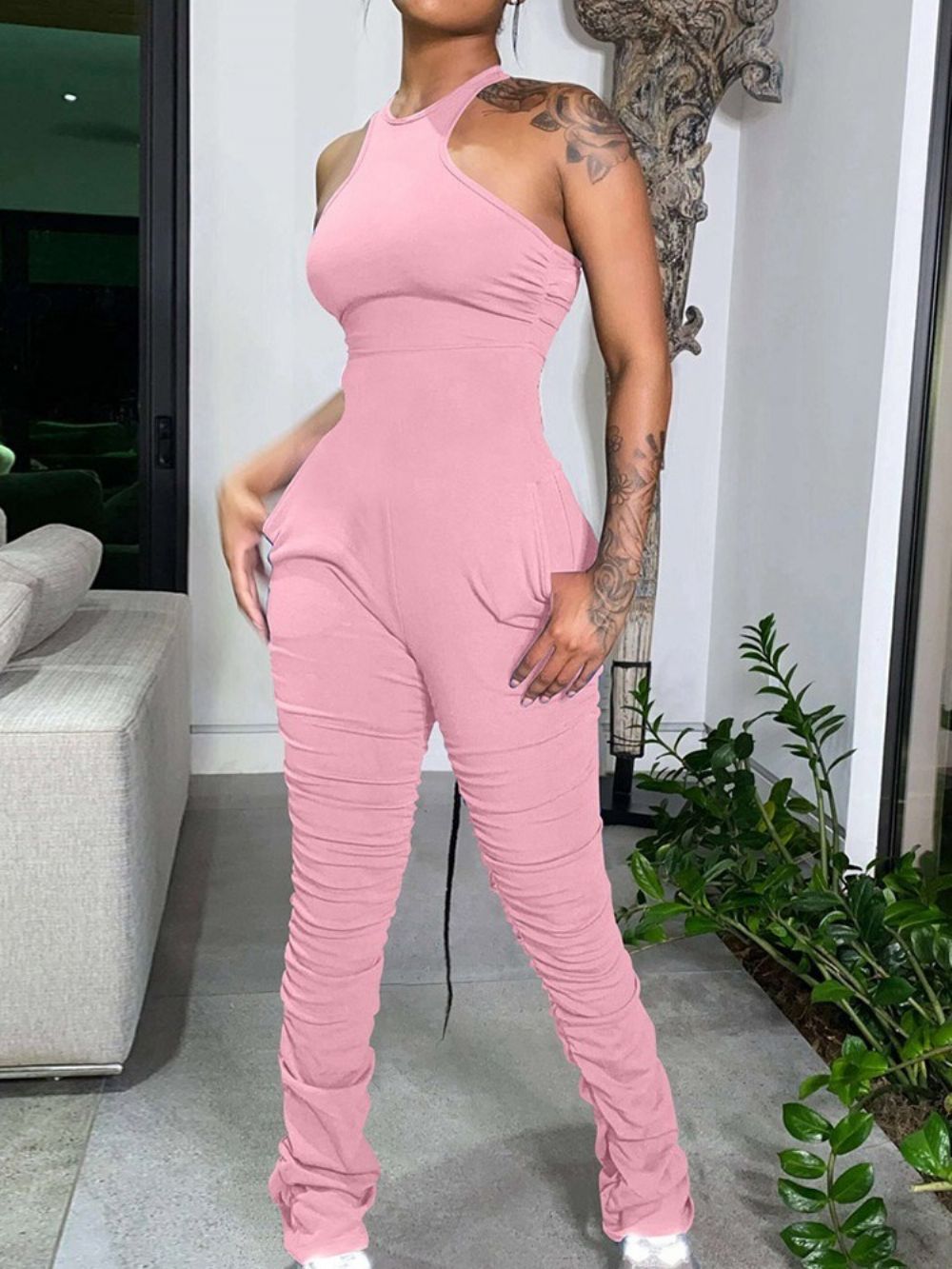 Eenvoudige Effen Slanke Jumpsuit Over De Volledige Lengte