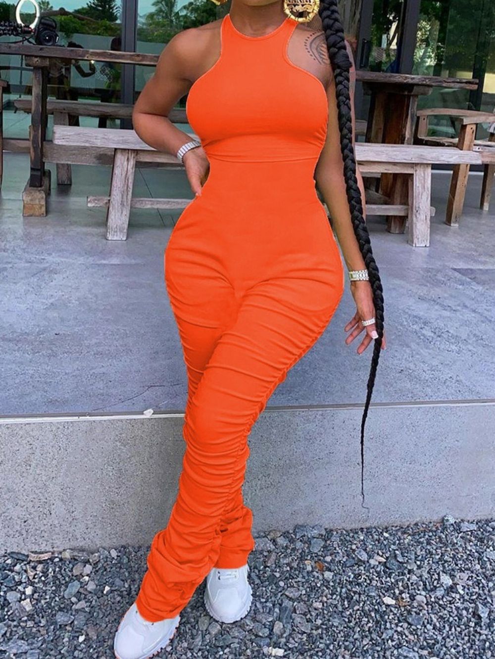 Eenvoudige Effen Slanke Jumpsuit Over De Volledige Lengte
