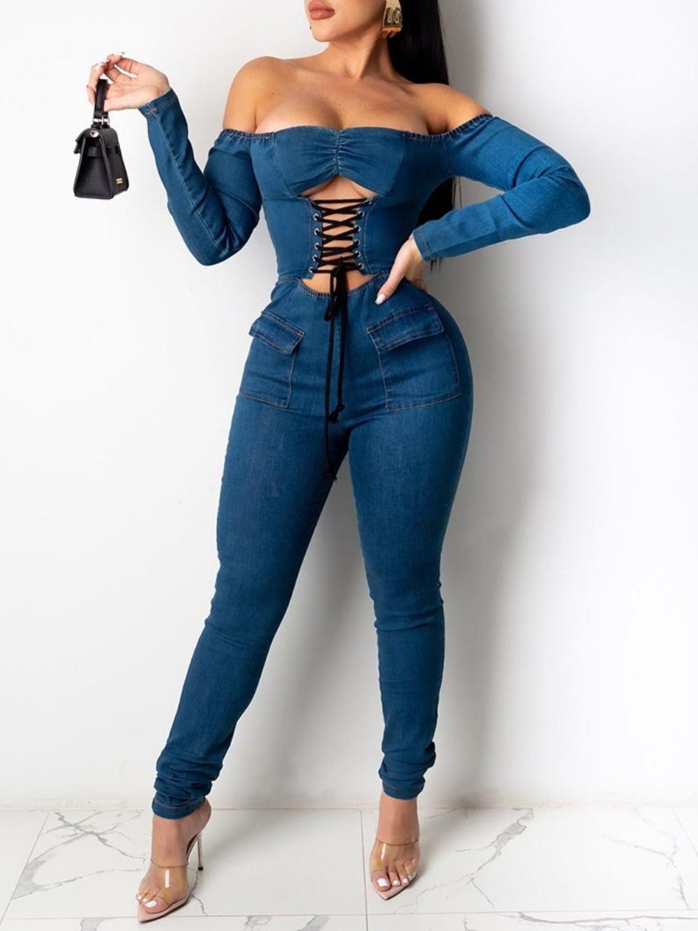 Effen Casual Damesjumpsuit Met Halfhoge Taille En Volledige Lengte
