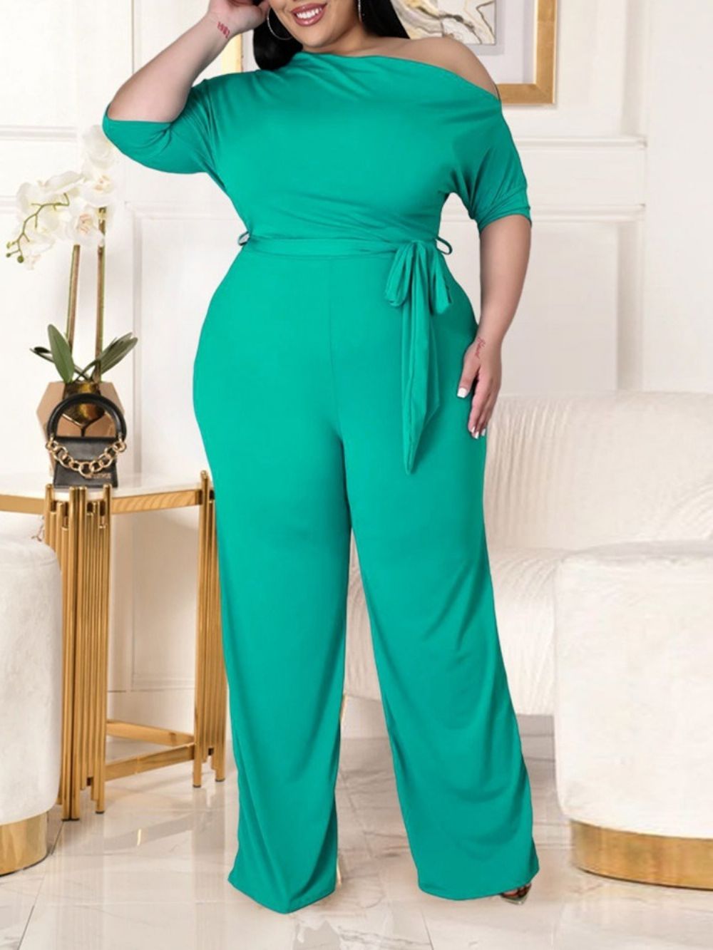 Effen Damesjumpsuit Met Volledige Lengte Wijde Pijpen En Lage Taille