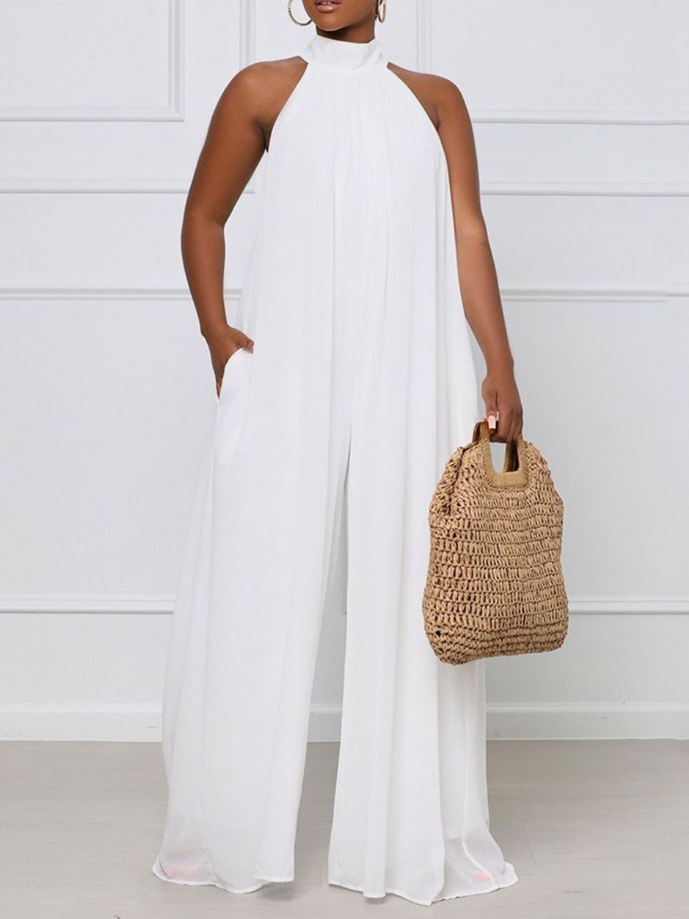 Effen Slank Gesneden Jumpsuit Met Veters Over De Volledige Lengte