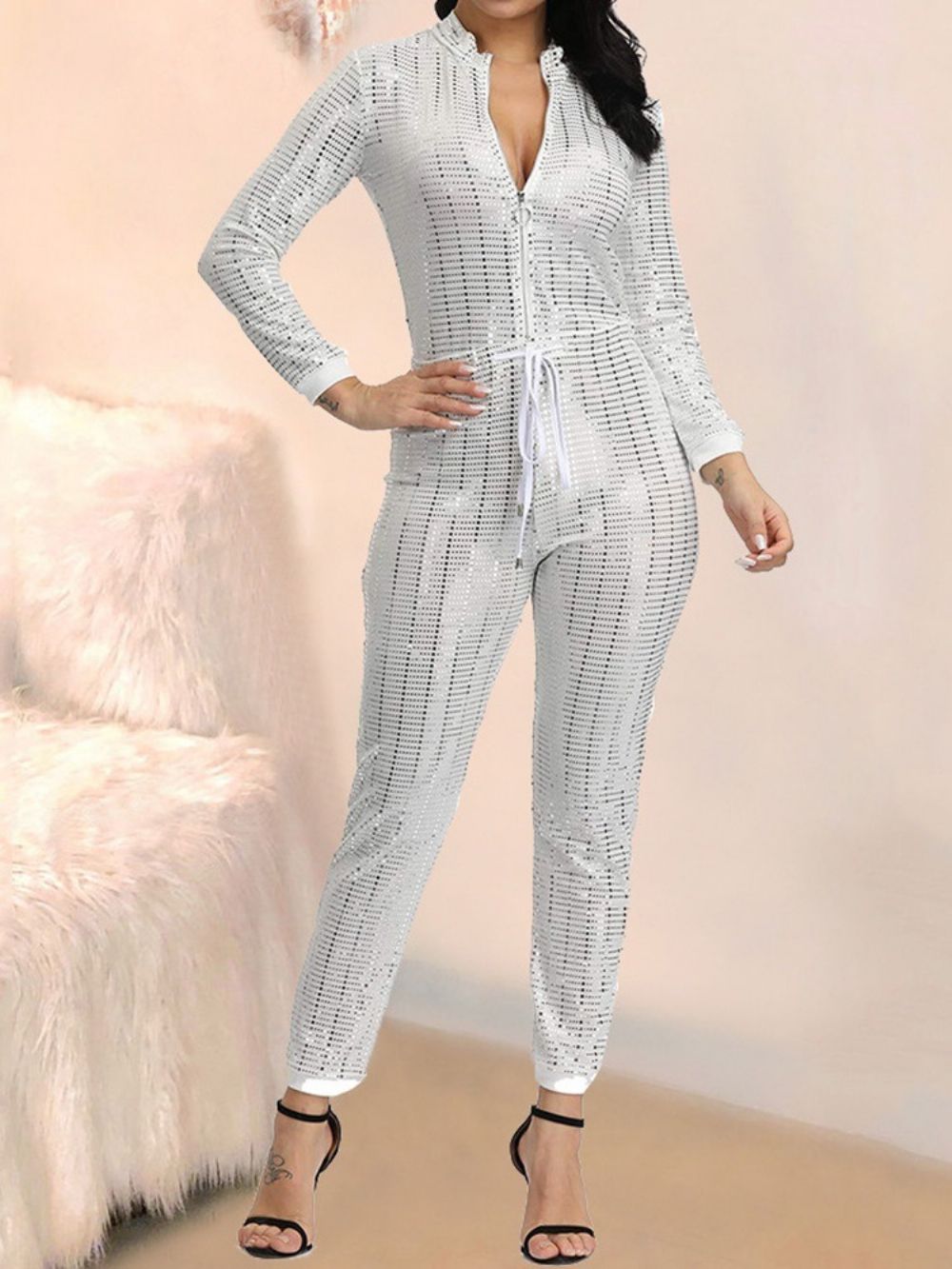 Enkellange Casual Skinny Jumpsuit Met Pailletten