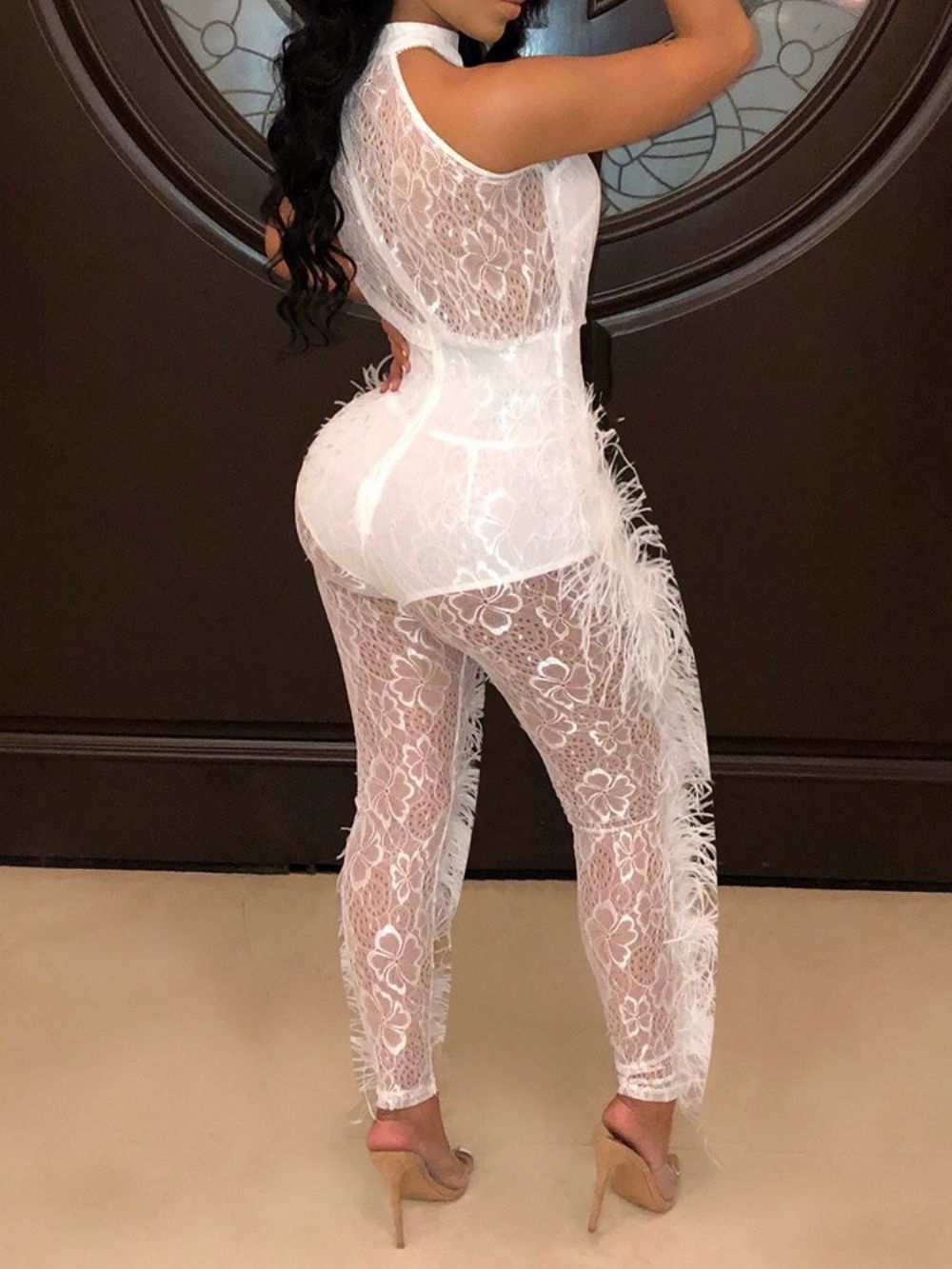 Feest Cocktail Volledige Lengte Veren Sexy Hoge Taille Jumpsuit