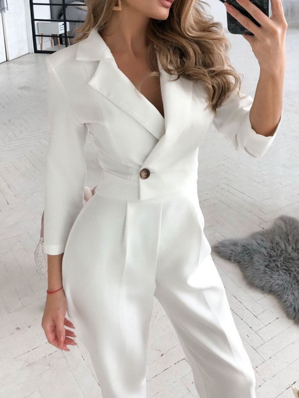 Full Length Office Lady Effen Slanke Mid Waist Blazer Jumpsuit