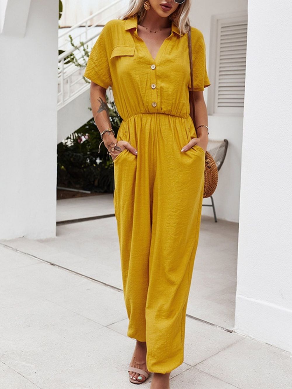 Geplooide Volledige Lengte Effen Losse Potlood Broek Dames Jumpsuit