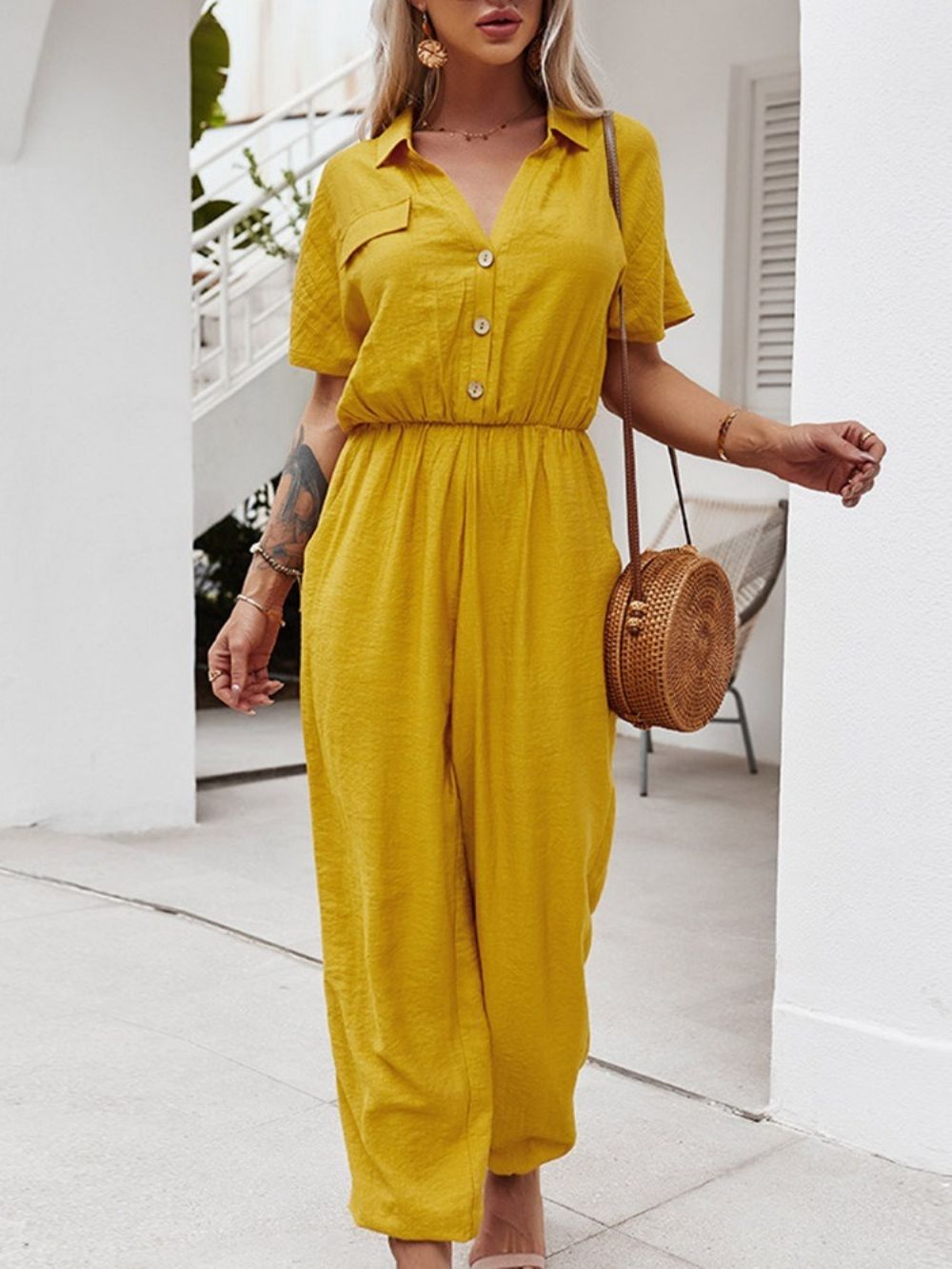 Geplooide Volledige Lengte Effen Losse Potlood Broek Dames Jumpsuit