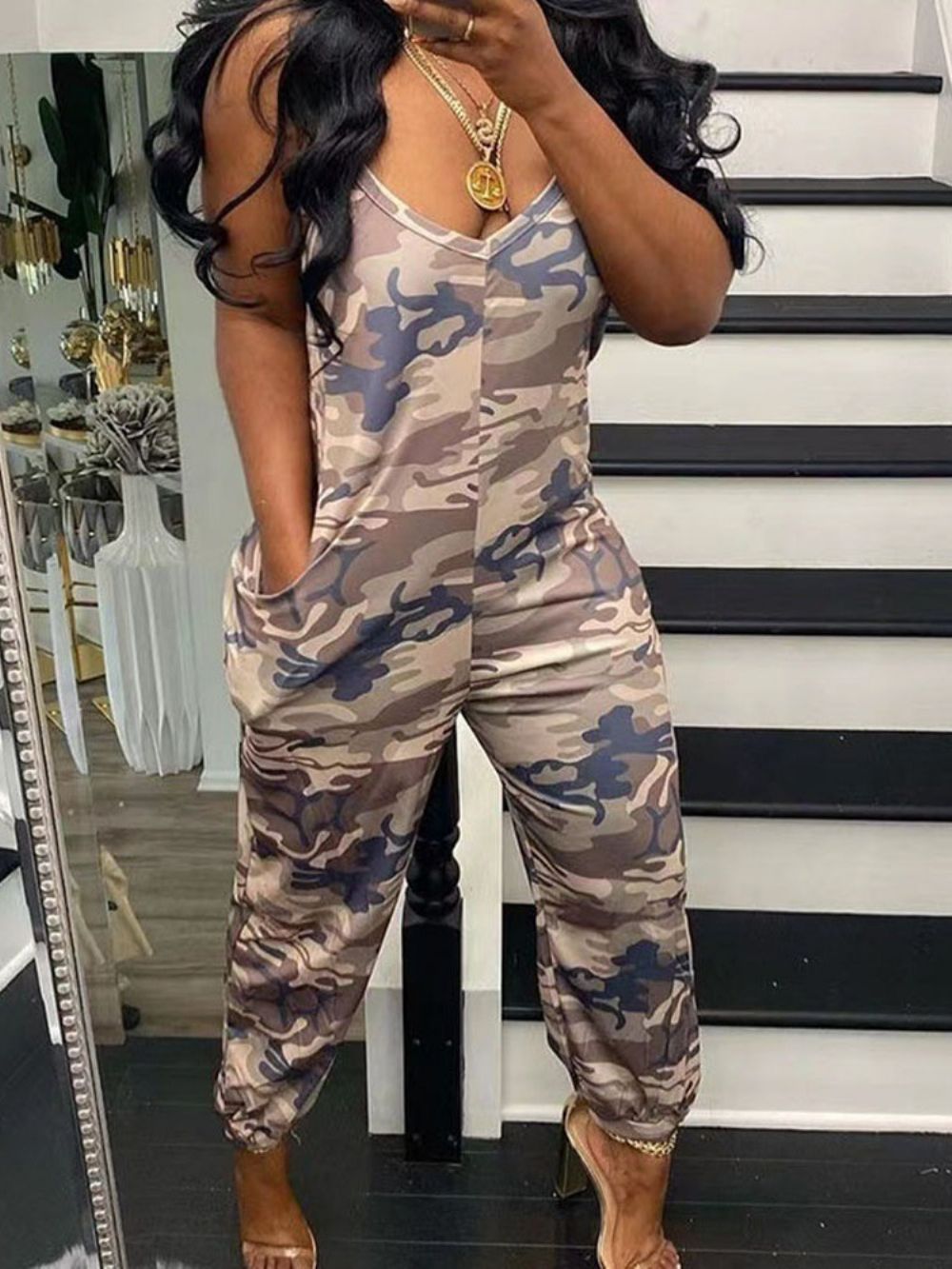 Halfhoge Camouflage Backless Potloodbroek Slanke Jumpsuit Dames