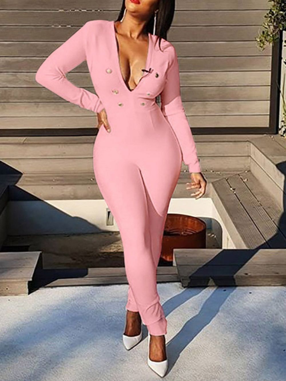 Knoop Full Length Office Lady Hoge Taille Potloodbroek Jumpsuit