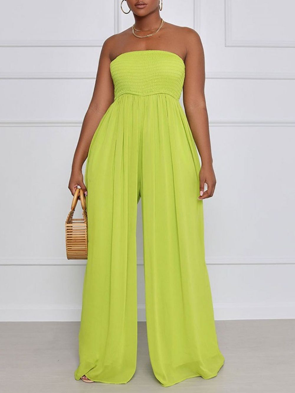 Mode Geplooide Damesjumpsuit Met Hoge Taille En Wijde Pijpen Over De Volledige Lengte