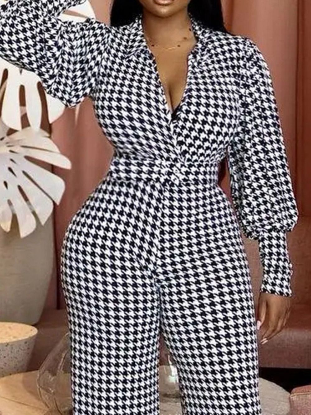 Mode Houndstooth Hoge Taille Slanke Jumpsuit Over De Volledige Lengte