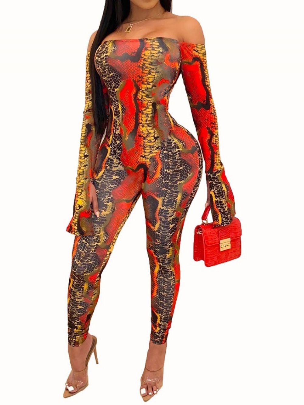 Off-Shoulder Casual Skinny Jumpsuit Met Volledige Lengte En Kleurblokken