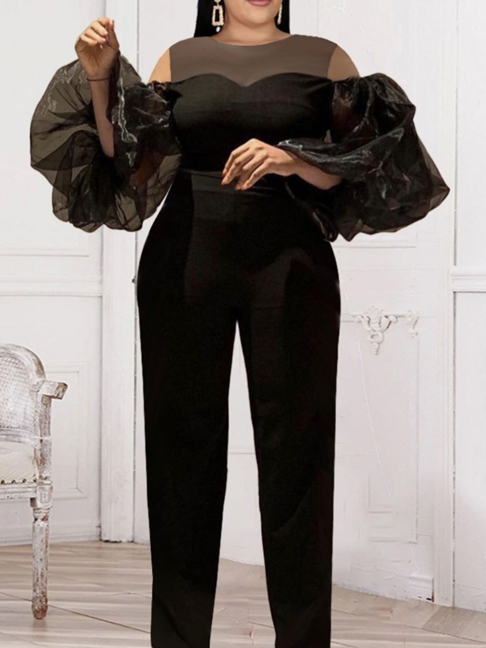 Pofmouwen Effen Lange Damesachtige Potloodbroek Slanke Jumpsuit