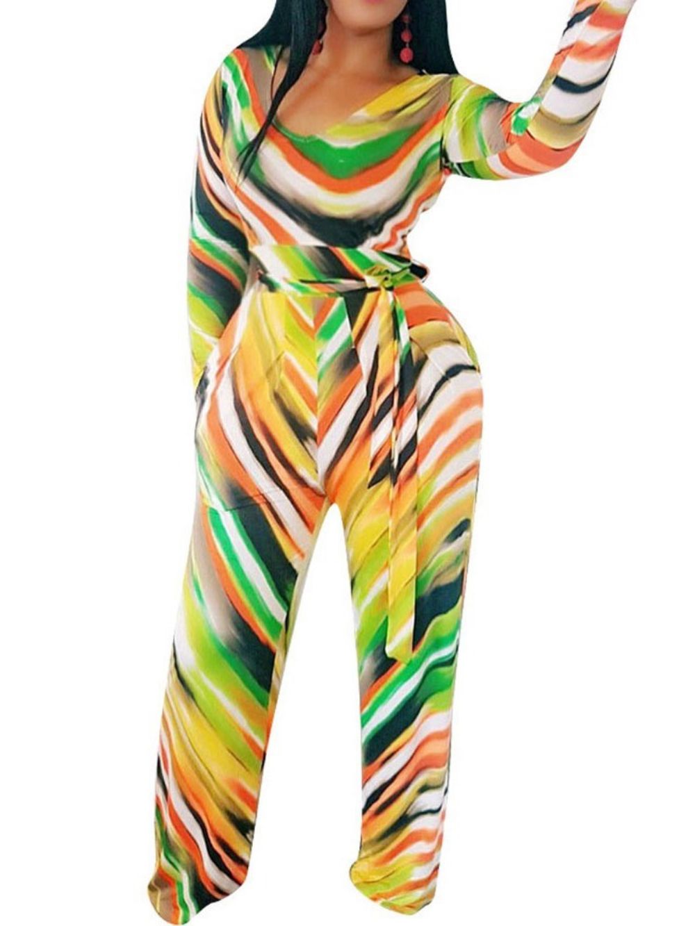Slanke Jumpsuit Met Wijde Pijpen En Veters In Kleurblokken