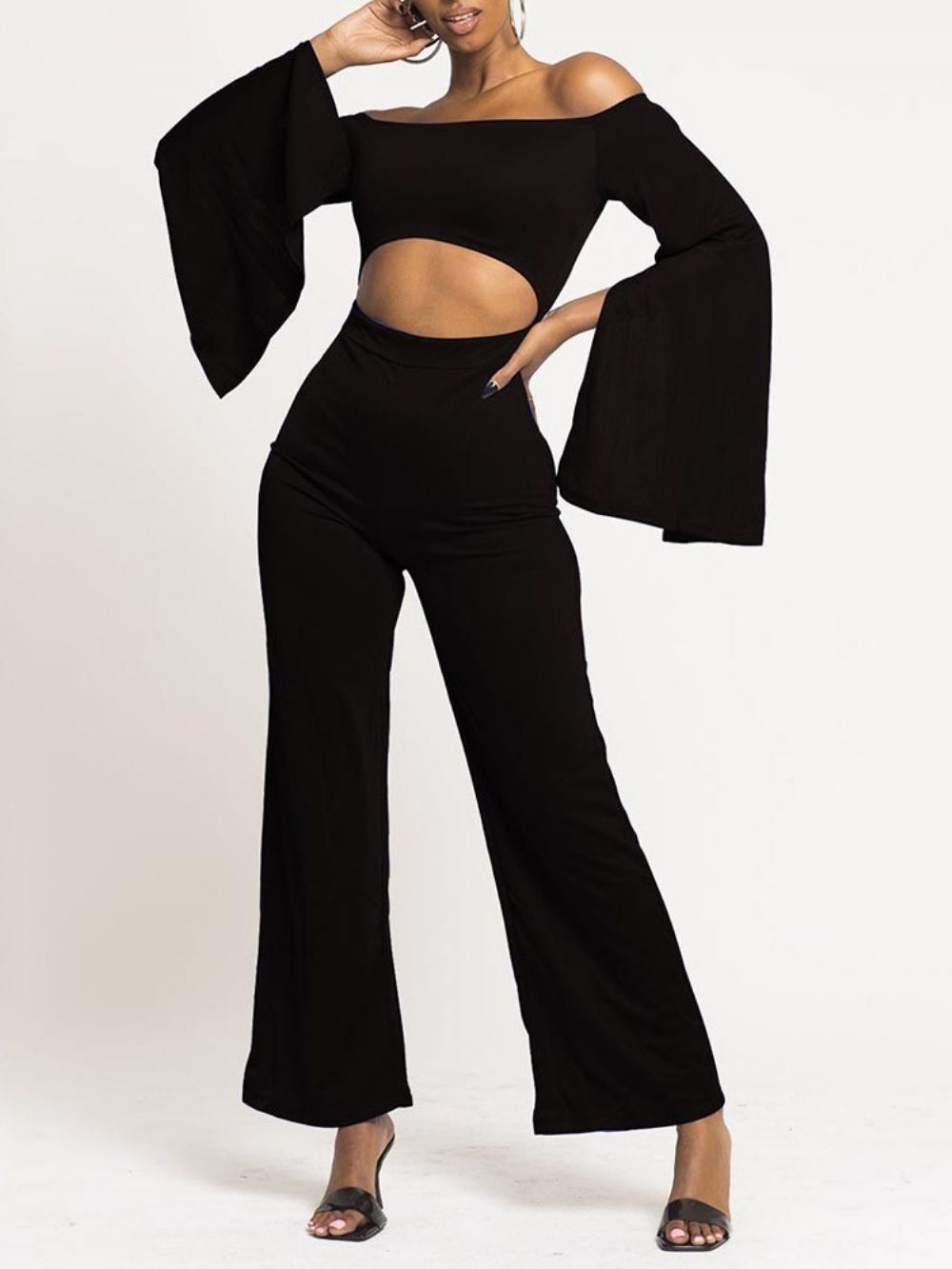 Volle Lengte Effen Holle Jumpsuit Dames Met Wijde Pijpen En Wijde Pijpen