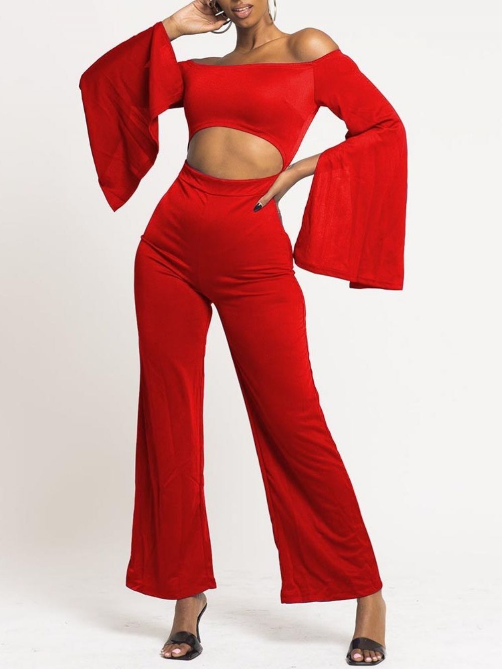 Volle Lengte Effen Holle Jumpsuit Dames Met Wijde Pijpen En Wijde Pijpen