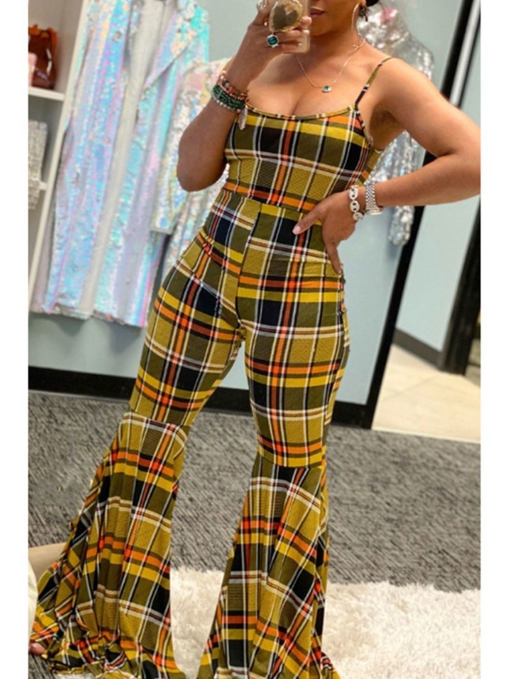 Western Patchwork Plaid Hoge Taille Bellbottoms Dames Jumpsuit