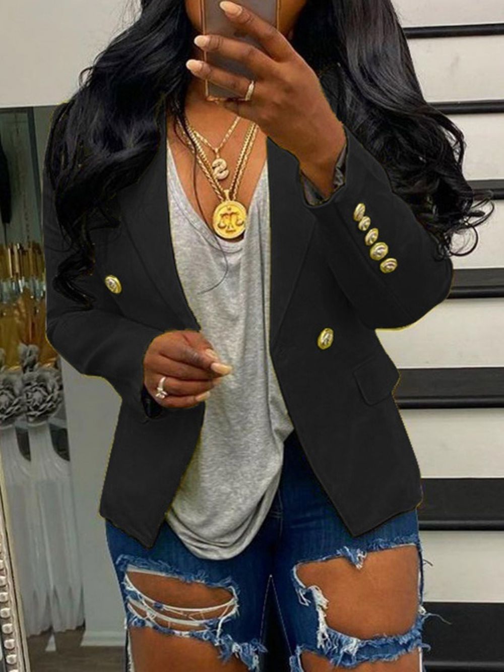 Effen Double-Breasted Casual Blazer Met Lange Mouwen