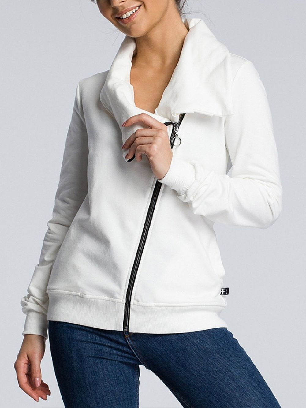 Herfst Dameshoodie Met Effen Rits En Patchwork Lange Mouwen