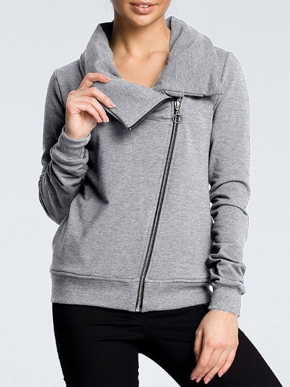 Herfst Dameshoodie Met Effen Rits En Patchwork Lange Mouwen