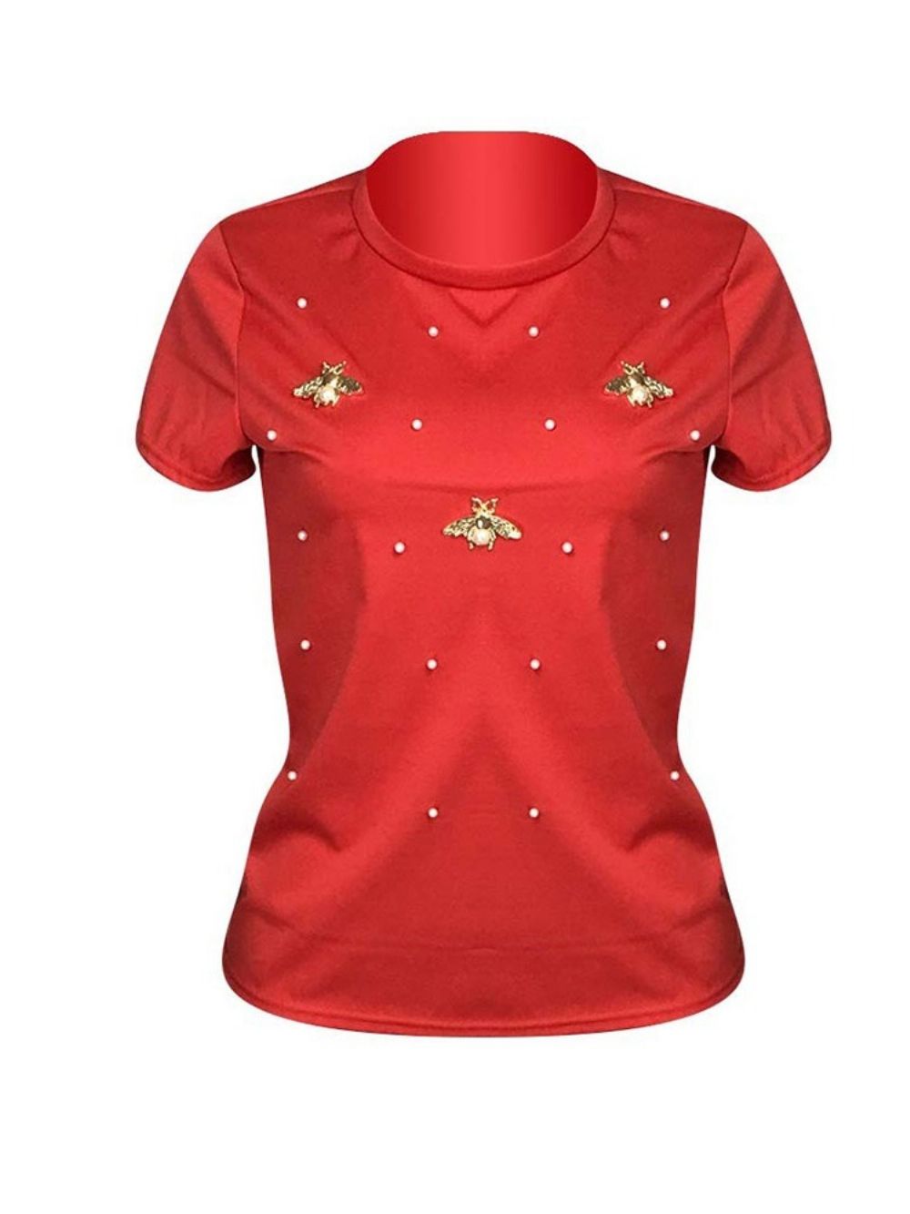 Effen Casual T-Shirt Met Korte Mouwen En Kraaltjes