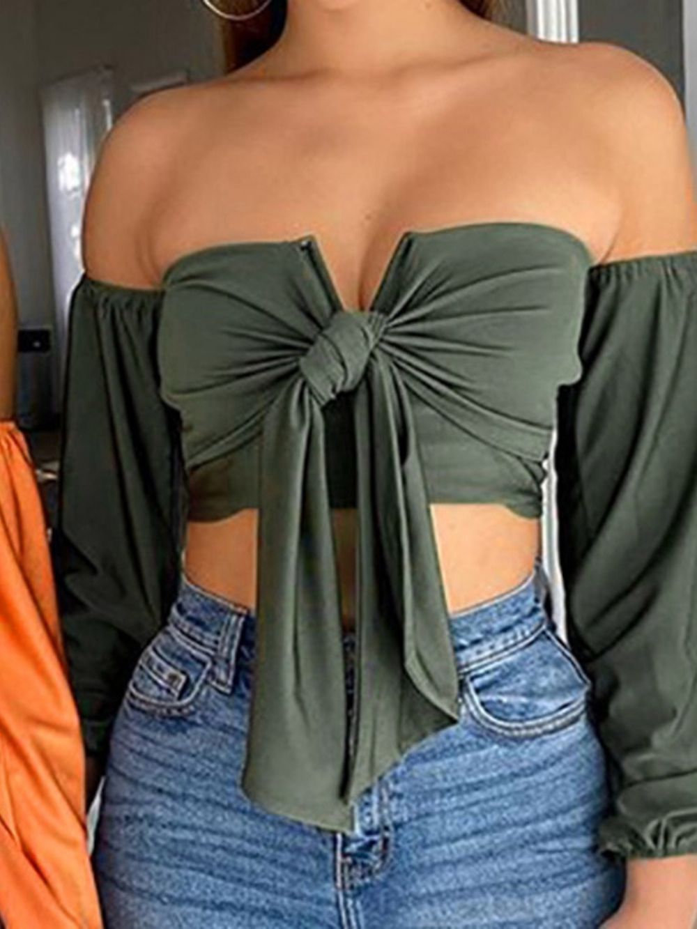 Effen Dames-T-Shirt Met Lange Mouwen Off-Shoulder En Kantoordames
