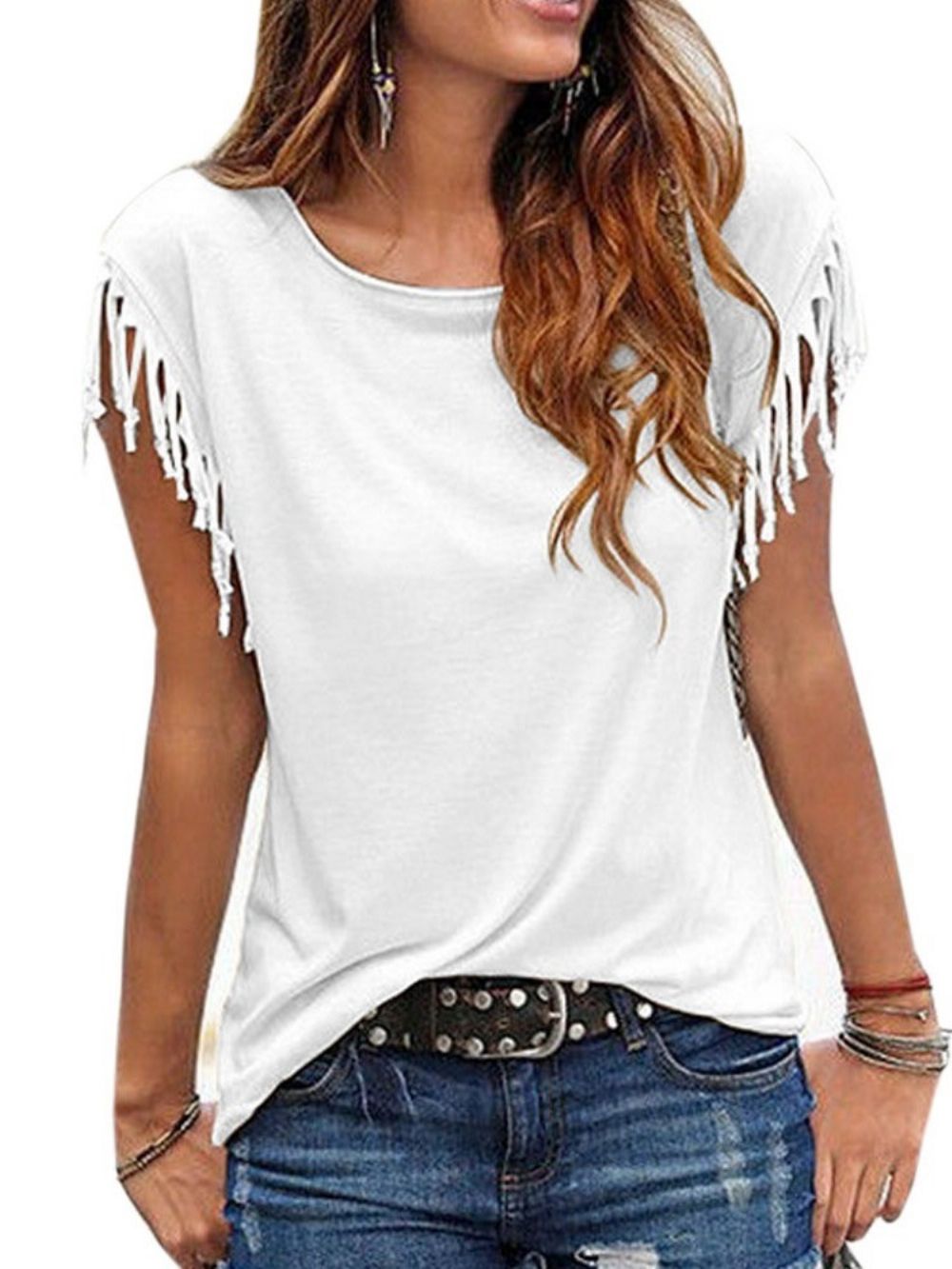 Effen T-Shirt Met Ronde Hals En Korte Mouwen Met Kwastjes