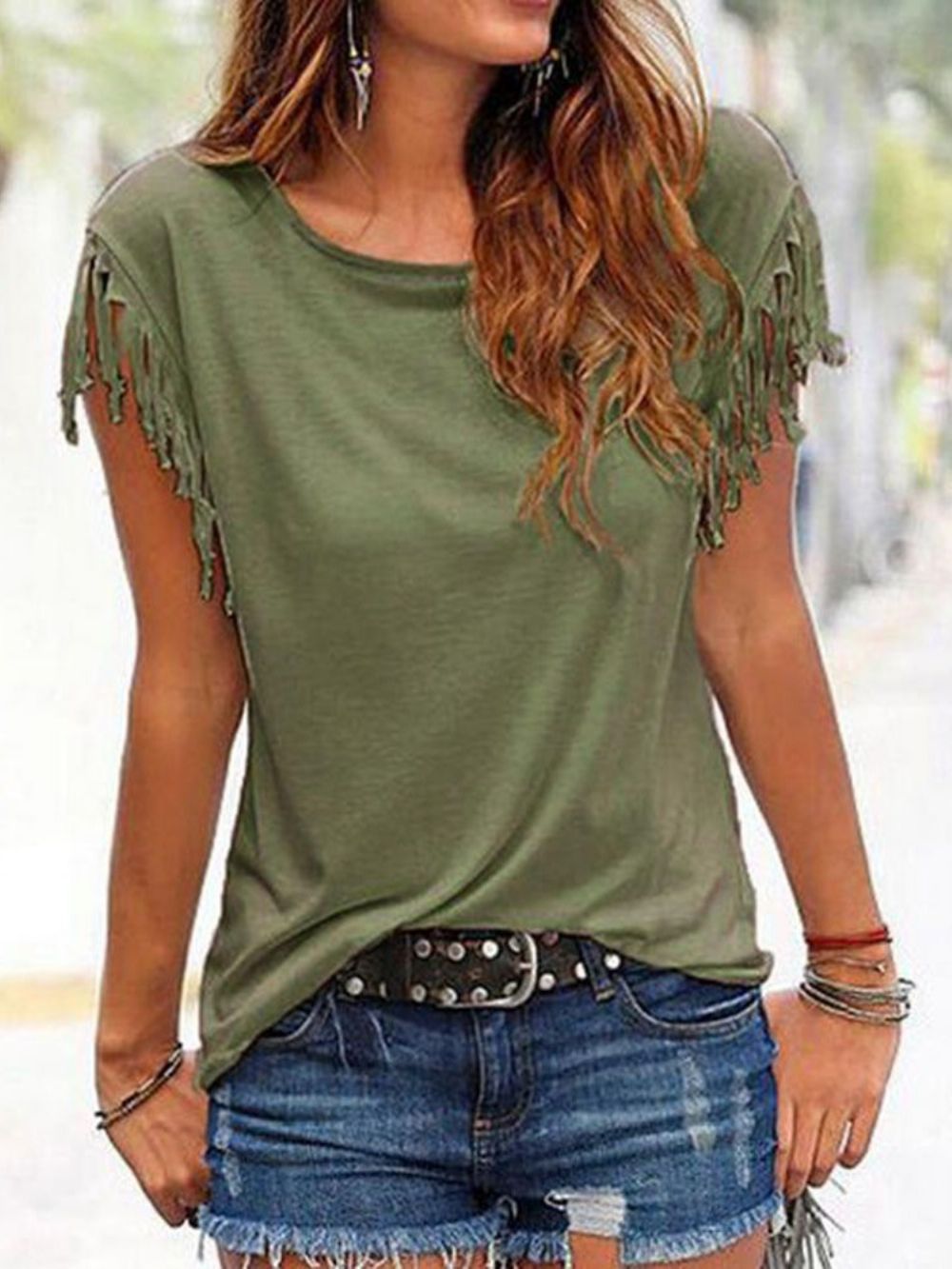 Effen T-Shirt Met Ronde Hals En Korte Mouwen Met Kwastjes