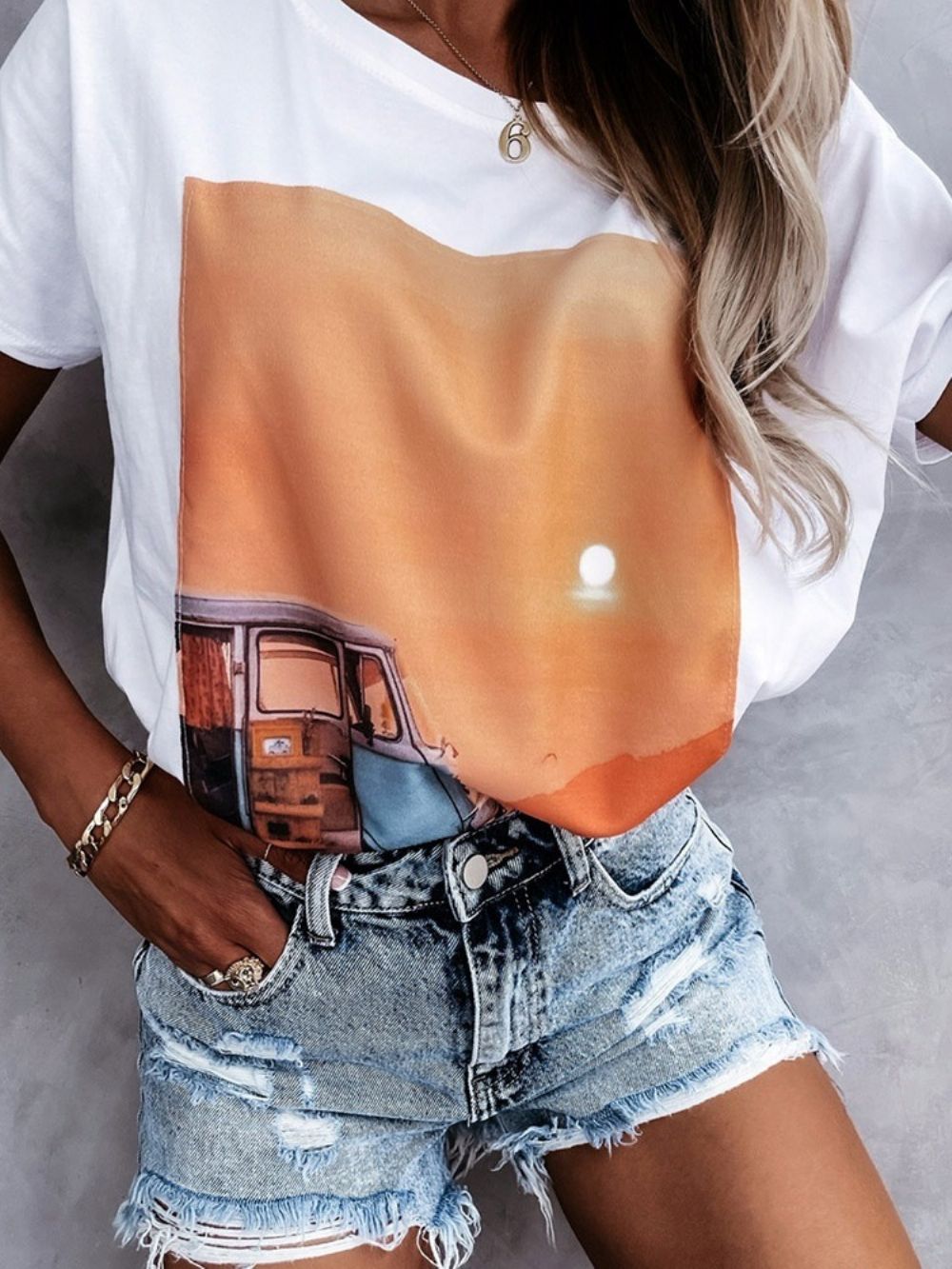 Kleurblok Standaard Wijd Western T-Shirt Dames Met Ronde Hals