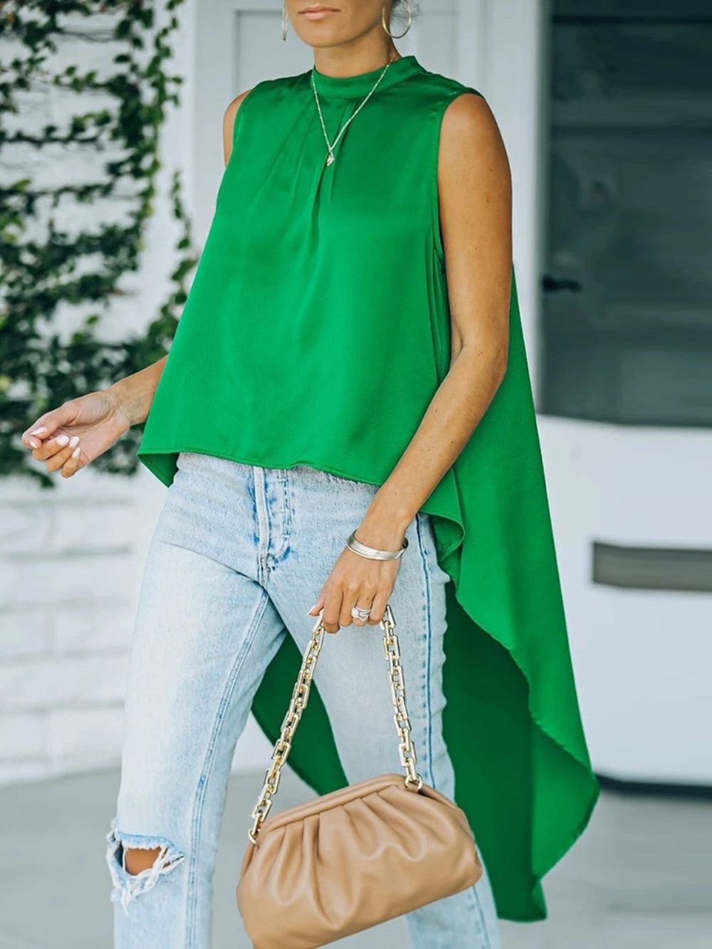Effen Asymmetrische Opstaande Kraag Halflange Mouwloze Damesblouse