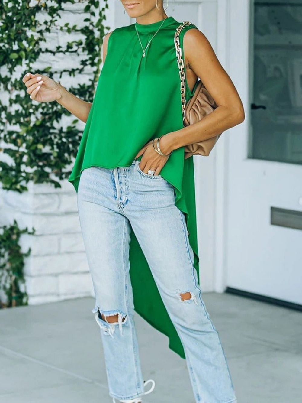 Effen Asymmetrische Opstaande Kraag Halflange Mouwloze Damesblouse