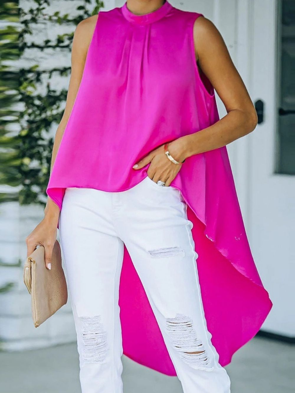 Effen Asymmetrische Opstaande Kraag Halflange Mouwloze Damesblouse