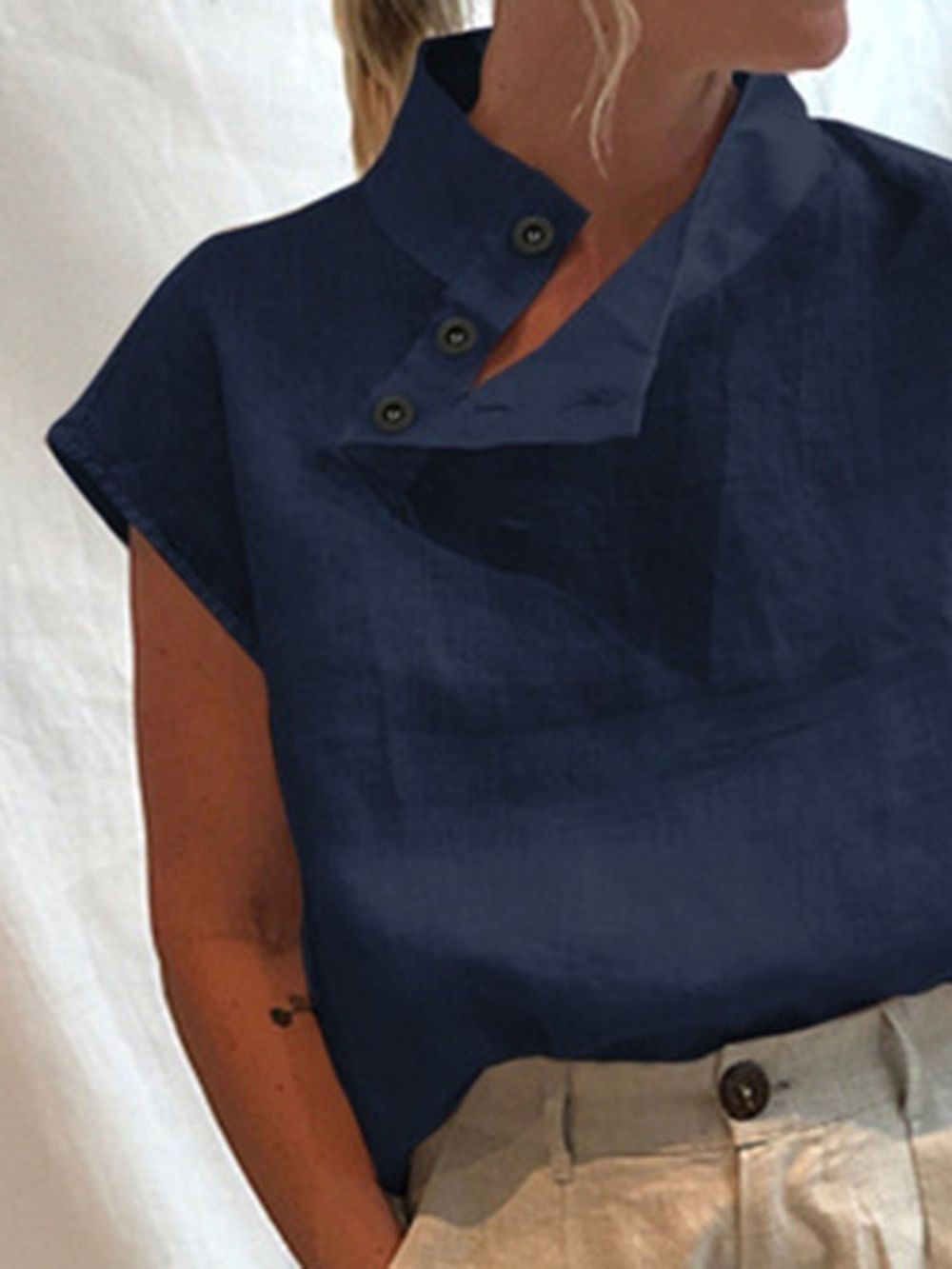 Effen Knoop Opstaande Kraag Standaard Mouwloze Damesblouse