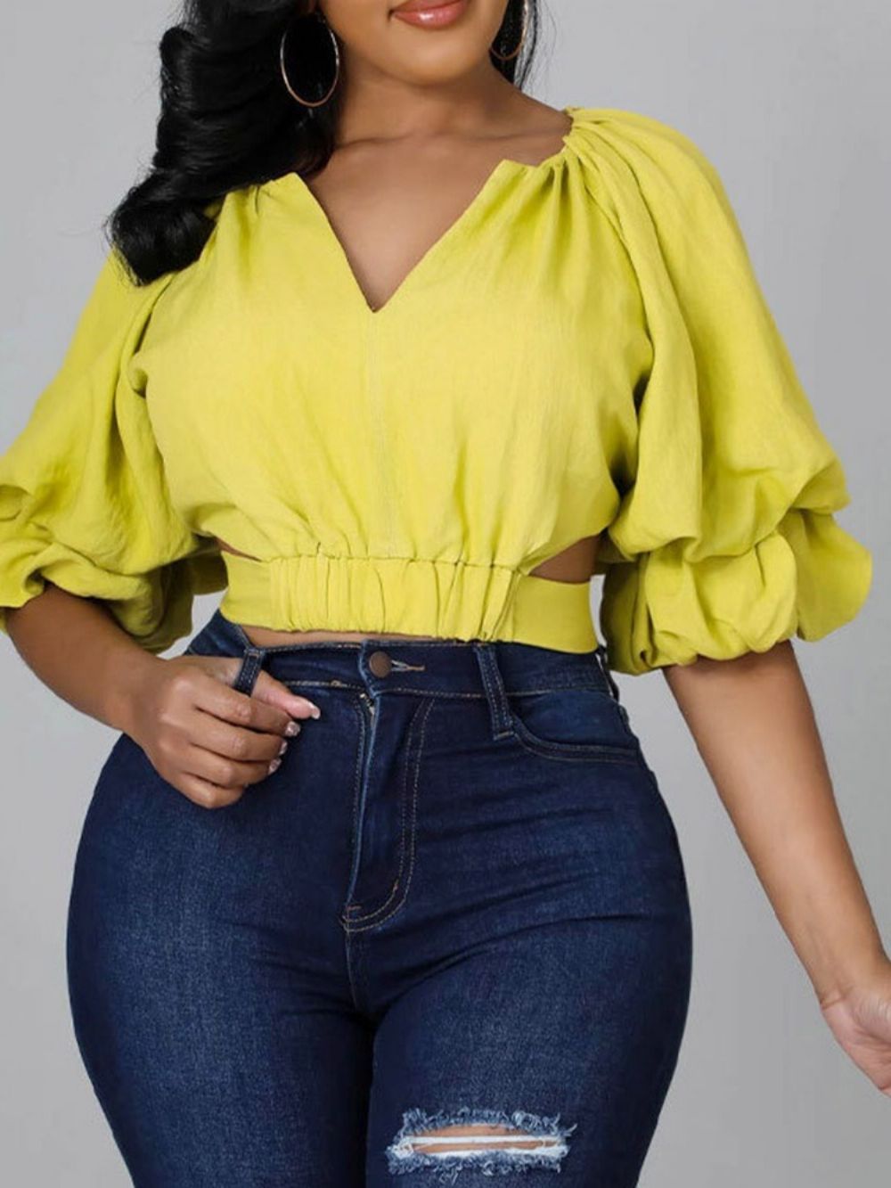 Effen Korte Blouse Met Driekwartmouwen En V-Hals