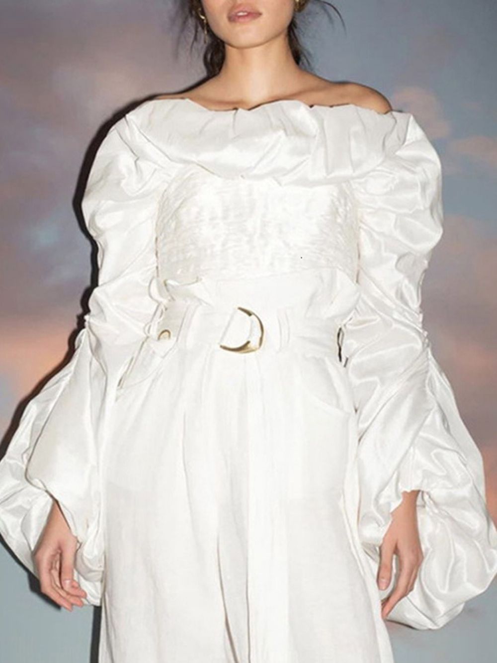 Effen Off-Shoulder Geplooide Blouse Met Korte Mouwen En Lange Mouwen