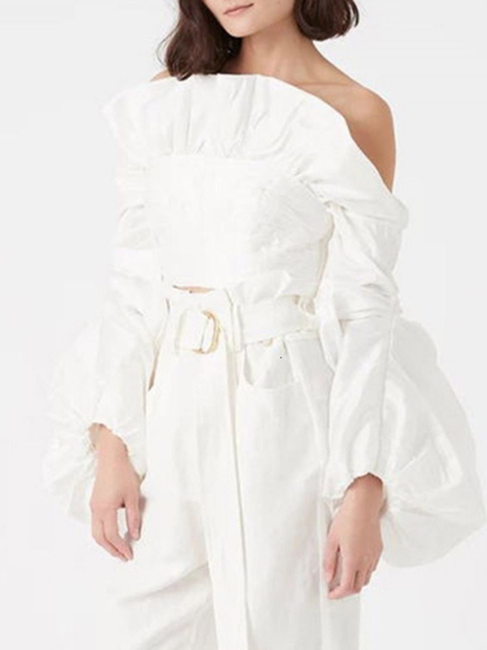 Effen Off-Shoulder Geplooide Blouse Met Korte Mouwen En Lange Mouwen