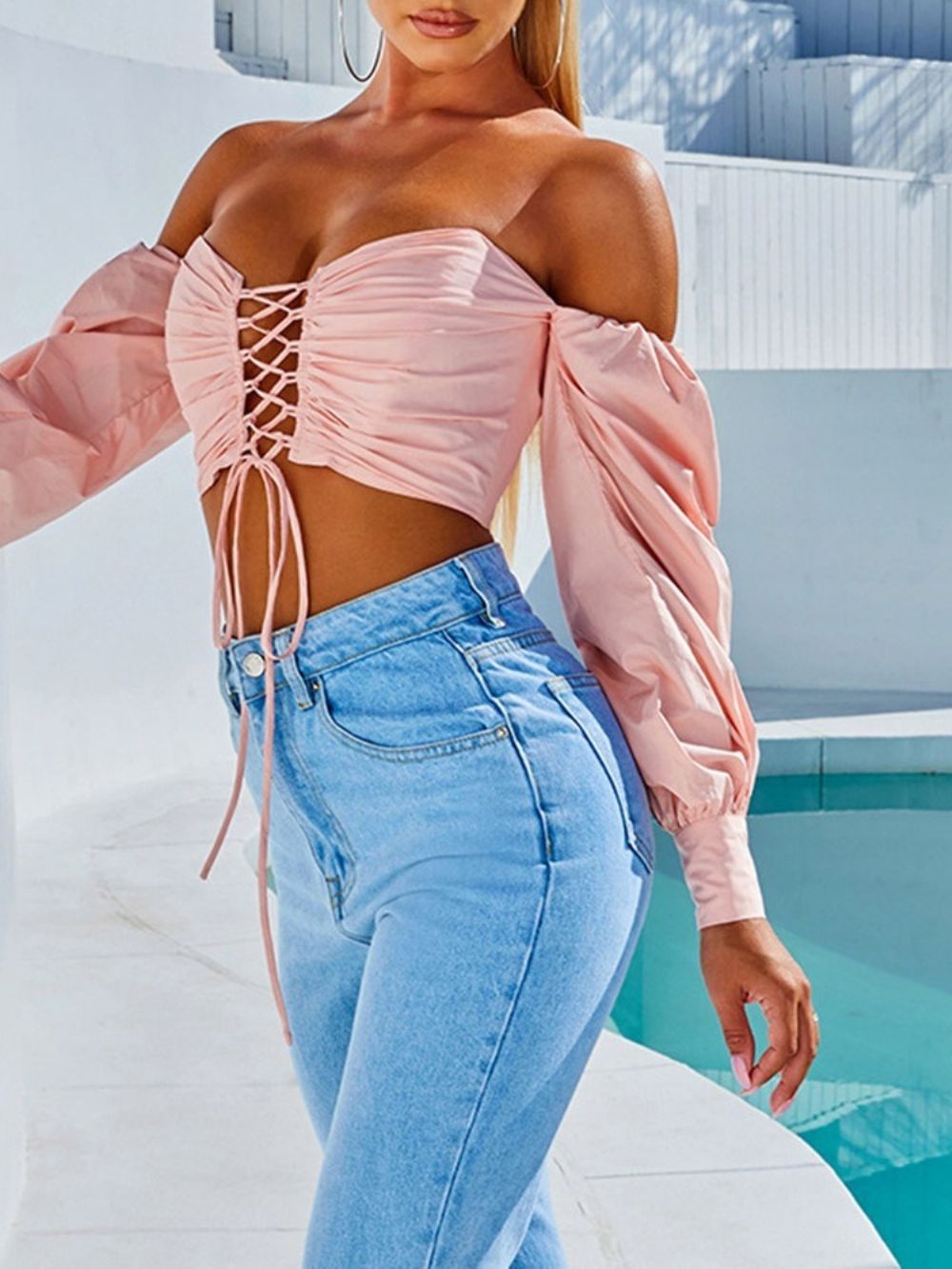 Effen Off-Shoulder Lange Mouw Korte Damesblouse Met Veters