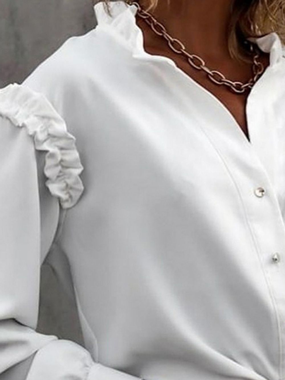 Effen Opstaande Kraag Stringy Zelfkant Standaard Blouse Met Lange Mouwen