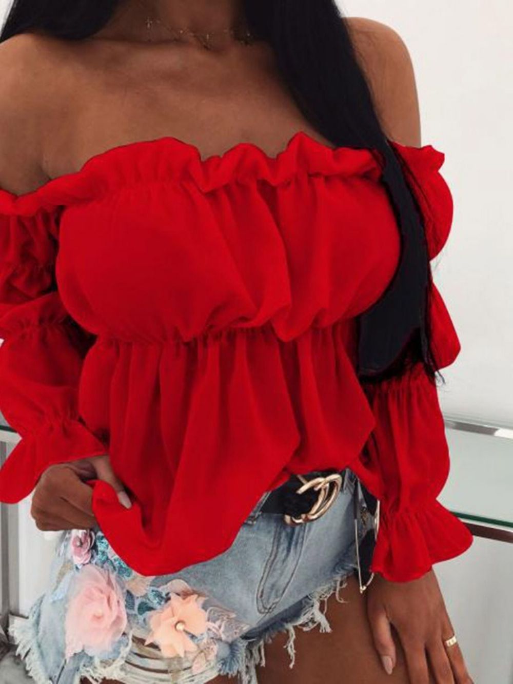 Effen Patchwork Off-Shoulder Blouse Met Lange Mouwen En Halflange Mouwen