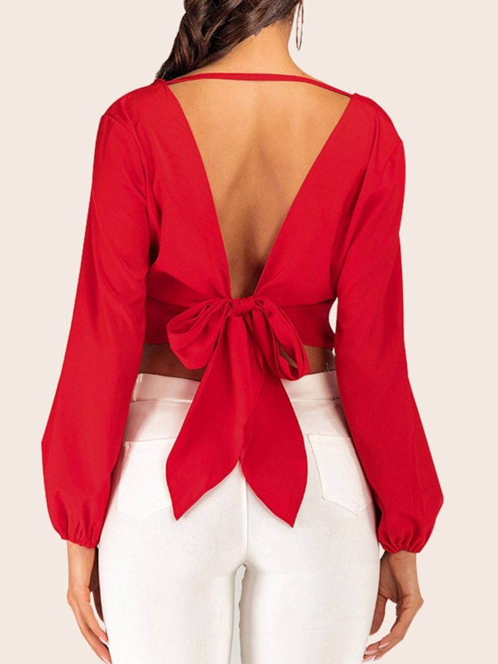 Effen Pofmouwen V-Hals Standaard Damesblouse Met Lange Mouwen