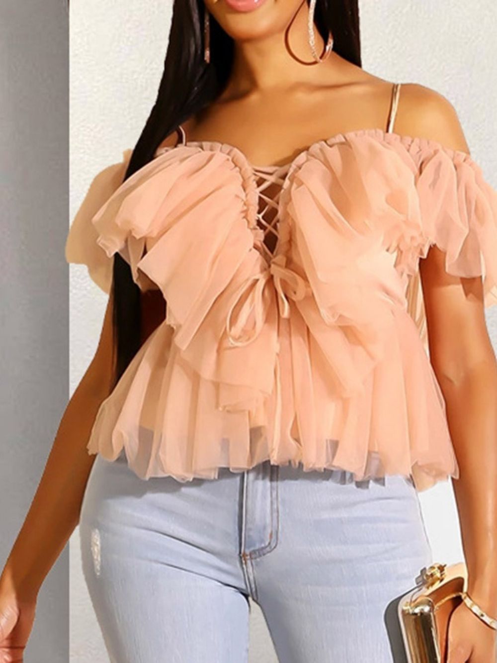Effen Standaard Blouse Met Korte Mouwen En Veters