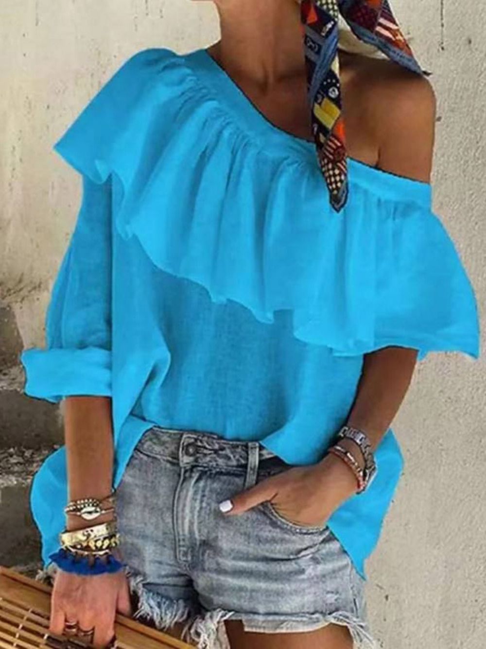 Falbala Standaard Damesblouse Met Ronde Hals En Lange Mouwen