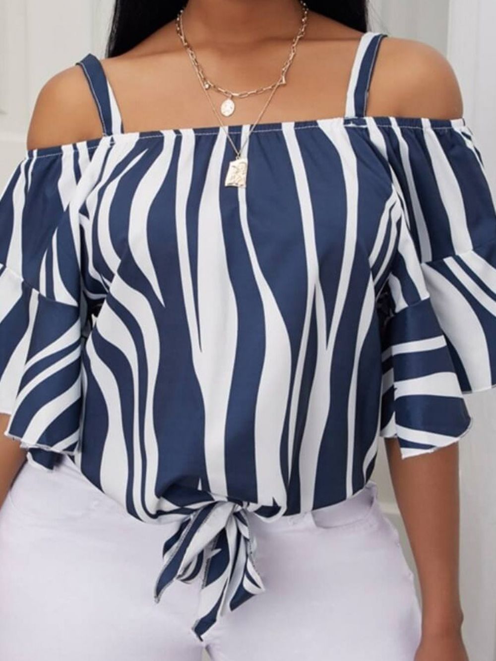 Gestreepte Standaard Blouse Met Halve Mouwen En Strepen