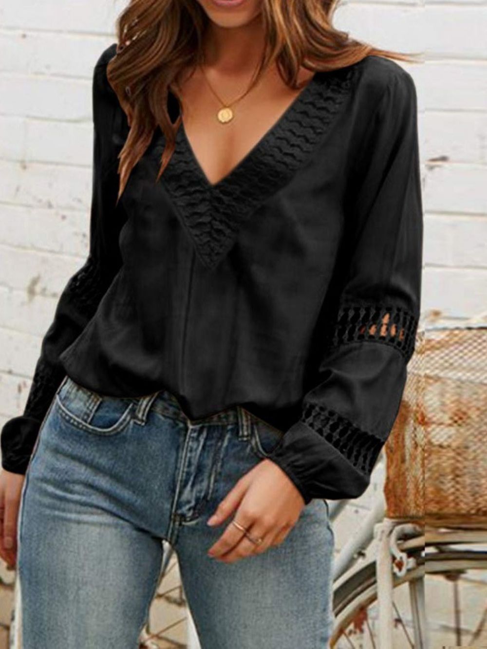 Holle V-Hals Effen Casual Blouse Met Lange Mouwen