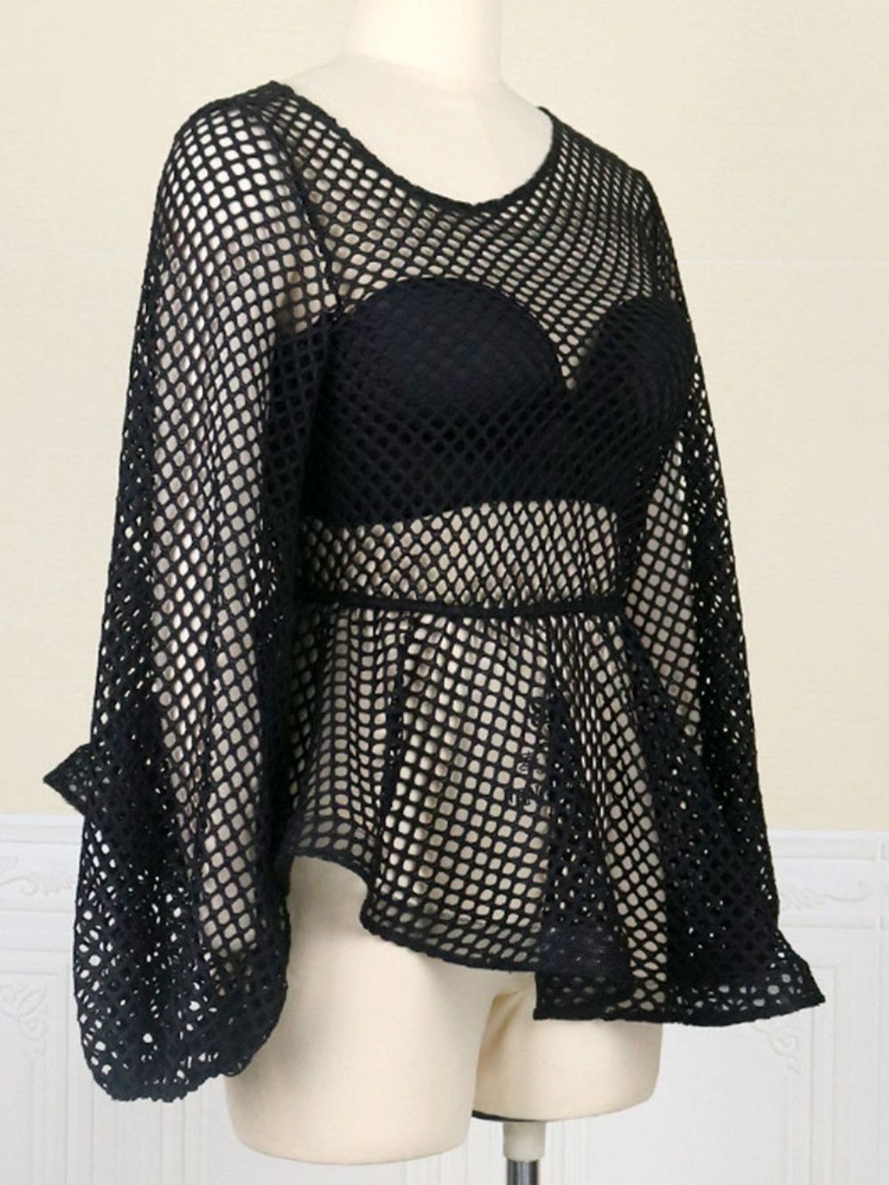 Hollow Regular Effen Halflange Blouse Met Lange Mouwen