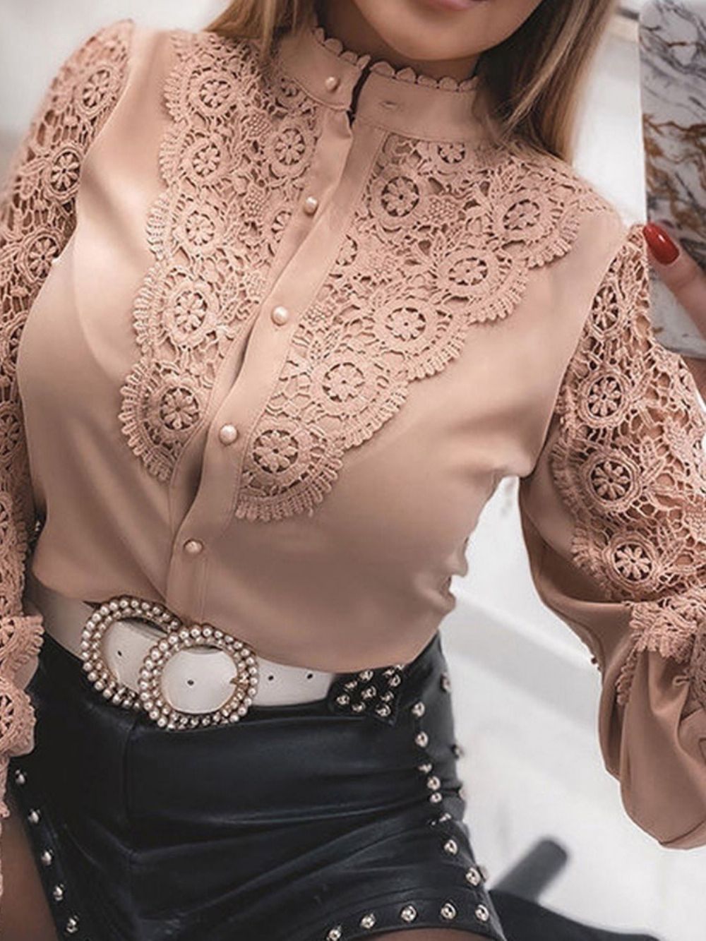 Lantaarn Mouw Holle Opstaande Kraag Lange Mouw Standaard Damesblouse