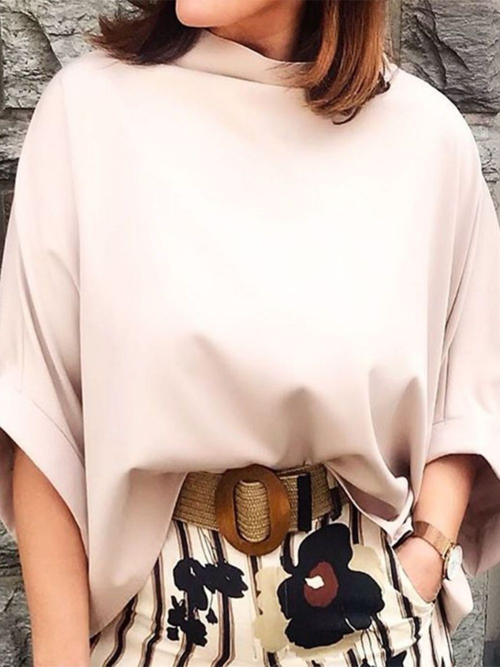 Normale Effen Opstaande Kraag Halflange Blouse Met Driekwartmouwen