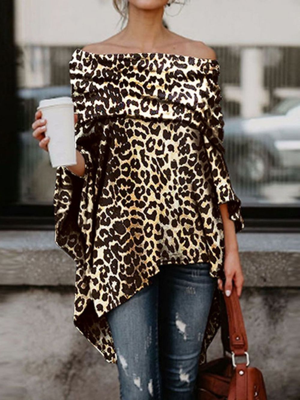Off-Shoulder Asymmetrische Slanke Luipaardblouse